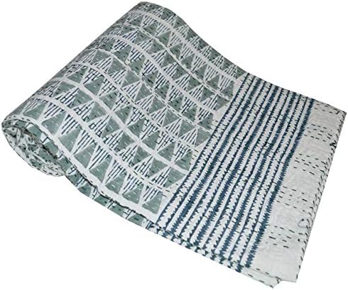 YUVANCRAFTS Indian Hand Block Floral Print Kantha Quilt Handmade Vintage Queen Size Cotton Kantha Throw Blanket Bedspread (Multi Color, Queen Size)