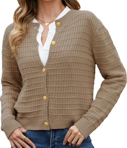 Zmnfewx Women's Cardigan Sweater Button Front Long Sleeve Cozy Knit Casual Fall Winter Office Loungewear Comfortable Tunic Khaki