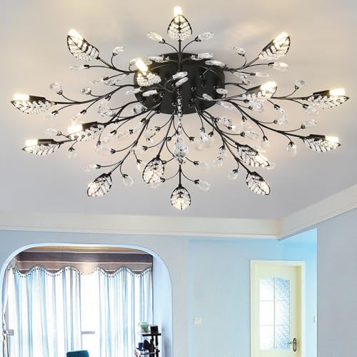 celimi Crystal Chandeliers Black Semi Flush Mount Ceiling Light Fixture