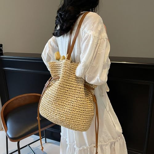 Gogobear Women's Woven Straw Drawstring Tote Bag Summer Beach Shoulder Handbag4