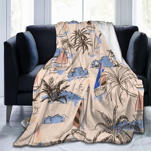 YHLMBTR Island Boat Windsurf View Palm Tree Beach Blanket Ultra-Soft Flannel Light Blankets Warm and Comfortable Suitable for All Seasons 50"X40"