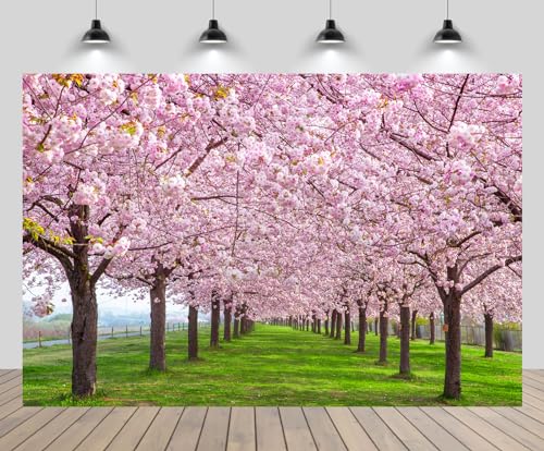 chnywork 7x5ft Cherry Park Backdrop Japan Spring Pink Flowers Garden Path Cherry Blossom Trees Meadow Natural Scenery Background Spring Travel Party Decor Photo Studio Booth Props Wallpaper