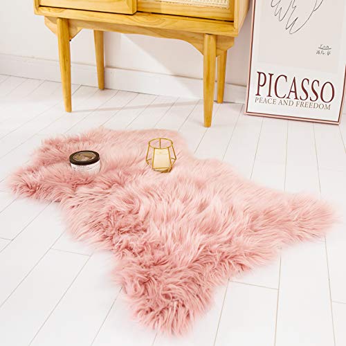 Image of HYSEAS Faux Sheepskin Fur Area Rug Pink, 2x3 Feet, Fluffy Soft Fuzzy Plush Shaggy Carpet Throw Rug for Indoor Floor, Sofa, Chair, Bedroom, Living Room, Home Decoration