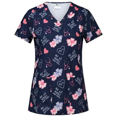 B-well Isabella Kasacks Damen Pflege mit Spandex, Kasack Damen Motiv, Kasaks Altenpflege Damen mit Motiv, Kurzarm und V-Ausschnitt (Helden, S)