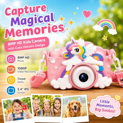 Image of Brand Conquer Kids Camera for Girls with Unicorn Design, HD Digital Camera for Children Age 3-10, Rechargeable Mini Toddler Camera with 2.4 inch IPS Screen, Selfie, Video Recording, Games & Strap (Pink)