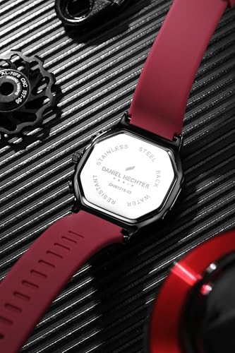 Image of Daniel Hechter Paris Daumesnil Collection Analog Watch for Men Hexagonal Chronograph Watch Black Textured Dial, Multi-Function Display, Red Silicone Strap, Date Window