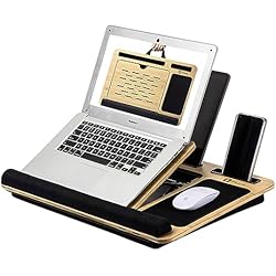 Mesa Con Ventilador Para Laptop Phane Bandeja Escritorio Portátil con Soporte Teléfono, Reposamuñecas, Soporte Portátil con Cojín, Plegable con 6 Ángulos de Inclinación Ajustables con Ventilación, Bambú Duradero, hasta 17´´ Novedad