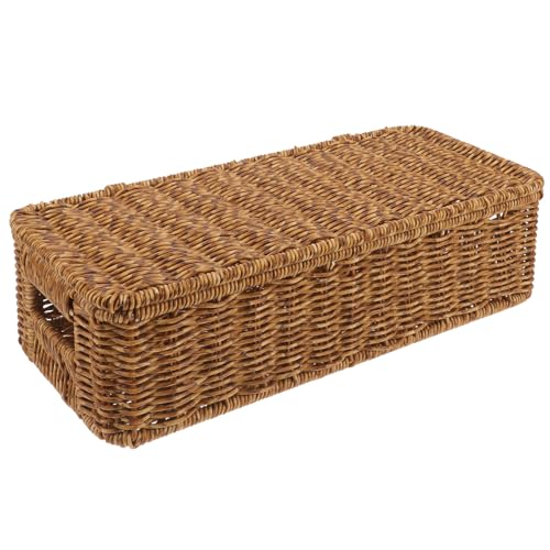 Gadpiparty Caja Organizadora de Ratán Sintético Tapa, Diseño Estrecho y Resistente para Almacenamiento en Dormitorio y Oficina, Color Marrón Oscuro y Textura Natural