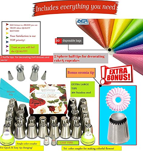 K&S Artisan Russian Piping Tips Deluxe Cake Decorating Supplies 69 Genuine Baking Supplies Set- 34 Icing Piping Tips 2 Ball Tips 2 Leaf Tips 30 Frosting Bag 3 Couplers Large Cupcake Decorating Kit