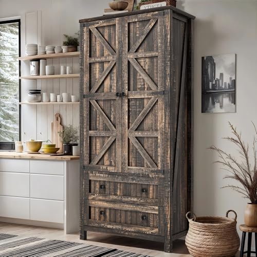 DWVO Farmhouse Kitchen Pantry Cabinet, 64.5' Tall Storage Cabinet with 2 Drawers and Adjustable...