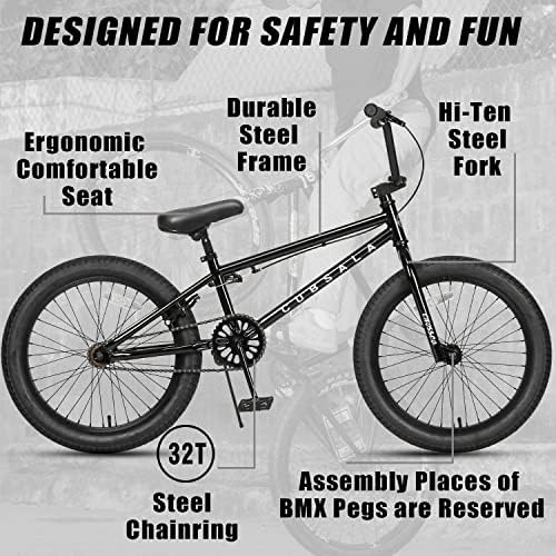 cubsala Freestyle BMX Bike, 20 Inch Kids Bicycle for 6 7 8 9 10 11 12 13 14 Years Old Kids and Beginner Level Rider, Black with Black Tires - 2