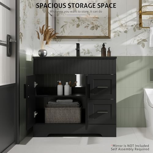 Image of eclife 36 inch Bathroom Vanities Sink Combo with Painted Surface, Modern Drawered Cabinet W /Decorative Wave Lines, Undermount Black White Sink, Matte Black Faucet Drain, Black
