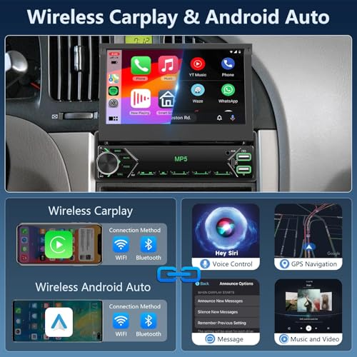 Rimoody DAB+/DAB Single Din Wireless CarPlay Car Stereo Android Auto, 7'' Electric Flip Out Touch Screen Car Radio 1 Din with Bluetooth FM Radio EQ Rear View Camera