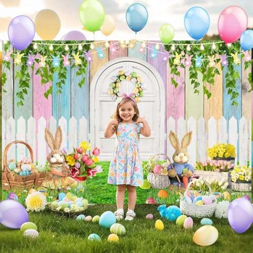 10x8ft Easter Backdrop Spring Easter Party Photography Background Garden Floral Grass Rabbit Eggs Colorful Wood Banner Decorations Photo Studio Props by Ckihgenn - Used condition - Image 4