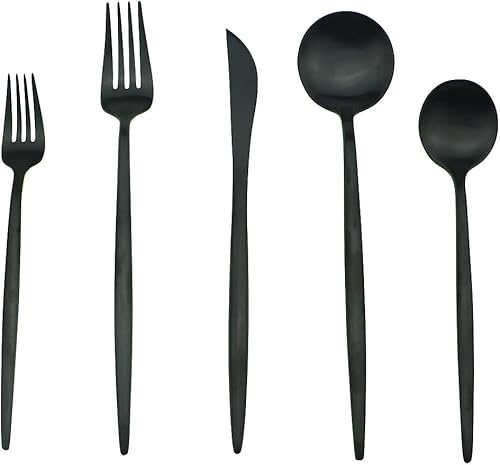 Miniatura 2 de JASHII Juego de cubiertos de acero inoxidable 1810 de 20 piezas, color negro mate, tenedor de cena, tenedor de ensalada, cuchara de postre, servicio