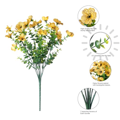HyeFlora Artificial Fall Flowers Faux Mums for Outdoor Indoor Garden Home Decoration, Faux Flower Daisy with Eucalyptus Leaves Fake Plants Greenery Boxwood Porch Patio, 12 Bundles (Yellow)