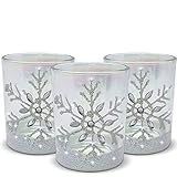 BANBERRY DESIGNS Snowflake Candle Holders - Set of 3 White Glittery Christmas Snowflake Votive Candle Holders - LED Tealights Included - Hand Painted and Jeweled Design