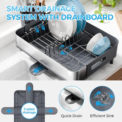 Image of Favria Dish Drying Rack - Space-Saving Dish Rack for Kitchen Counter, Anti Rust Kitchen Drying Rack, Compact Dish Drainer Organizer with Utensils Holder (47 x 32 x 16 cm) (Stainless Steel Grey)