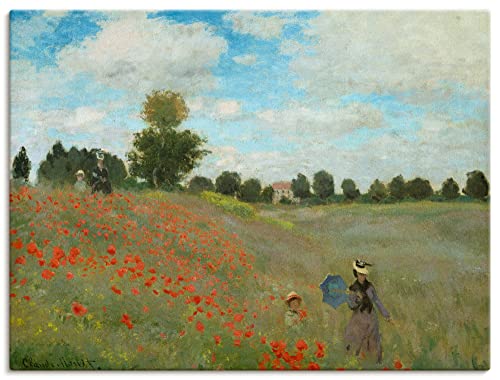ARTLAND Wanddeko Leinwand Bilder Wandbild 80x60 cm Wiese Sommer Bäume Mohnblumen Wandern Familie Mohnfeld bei Argenteuil. 1873 Impressionismus Claude Monet T7GN