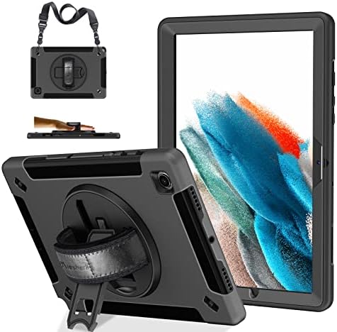 Samsung Galaxy Tab A8 10.5 Case 2022: Heavy Duty Rugged Shockproof TPU Protective Cover w/Stand+ Pencil Holder+ Handle+ Shoulder Strap for Tablet A8(SM-X200/ SM-X205/ SM-X207)-Black
