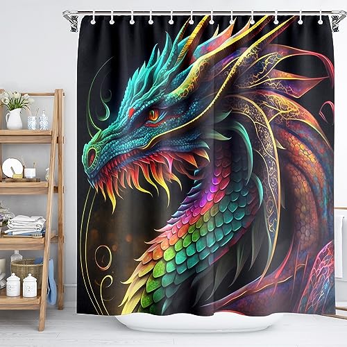 Reateforin Drachen-Duschvorhang, mittelalterliche Magische Fantasie, kreativer magischer Drachen-Stoff-Duschvorhang, magische Tiere, Drachenstoff, Duschvorhang-Set mit Haken, 182,9 x 182,9 cm