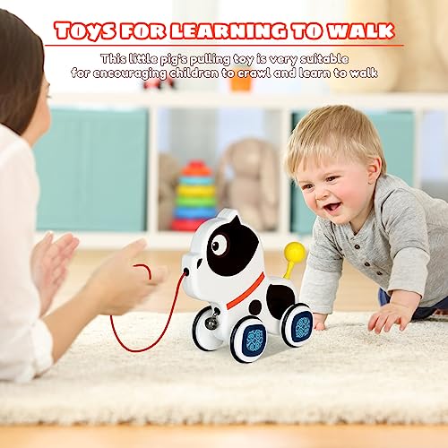 Toddler Pull Toy Walk-A-Long Bulldog Baby Toys Montessori Toys for Aged 1 2 3 4 5 Years Kid\'s Pet Puppy Toy with String Rubber Rimmed Wheels | Wearing a Bell | Walking Undulating | Wagging Tail Vivid - Thumbnail 4
