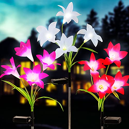 GOLDEN AUTUMN Solar Lights Outdoor Decorativeï¼Œ3 Pack Solar Garden Lights , 12 Bigger Lily Flowers, Used for Garden Lawn Backyard Terrace, Automatic Color Changing LED Solar Flowers