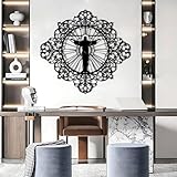 Metallkunst Wanddeko Jesuskreuz heilige katholische Schriftrolle Wandbehang religiöse christliche spirituelle Gebetsraumdekoration (Schwarz 35'x33'/90x84cm)