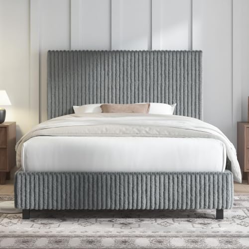 Image of AMERLIFE Upholstered Bed Frame, Metal Bed with Headboard, Twin Light Grey