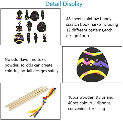 LOKIPA 48 Easter Egg Scratch Paper Art Ornaments Scatch Egg Craft Decorations For Easter Party Decoration with Scratch Tool and Colorful Ribbon