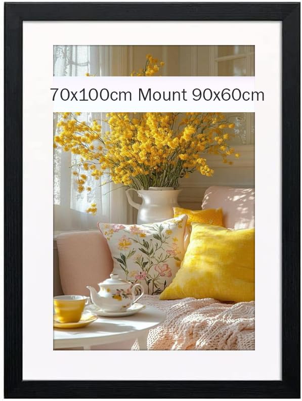 Flat Modern Black 70x100 Poster Frame With White Mount 90x60cm Shatter-Proof Acrylic Portrait & Landscape Wall Hanging Picture Frame