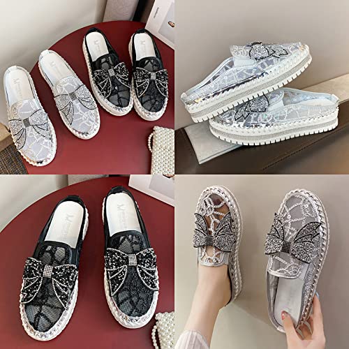 Image of Women's Platform Rhinestones Glitter Sneakers,Fashion Cute Bow Comfy Breathe Canvas Hand-Stitching Slip On Casual Walking Flat Loafers