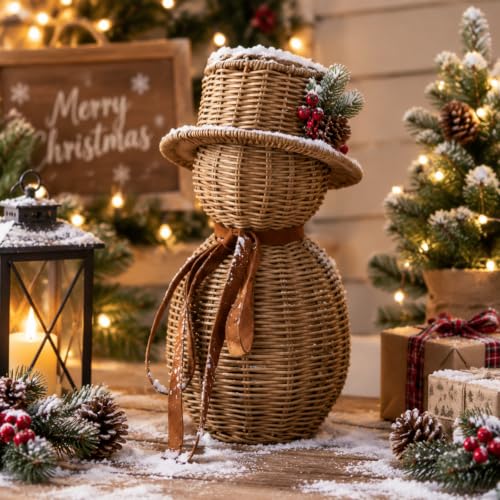 Thiccywoov Rattan Snowman with Bow Christmas Decor 12" Table Snowman Christmas Decorations Winter Rustic Decoration for Home Farmhouse Table Kitchen Garden