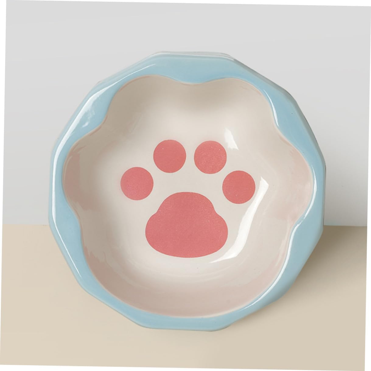 Kisangel Ceramic Pet Bowl with Tilted Design, Blue Small Dog and Cat Feeder Bowl, Slanted Pet Food Dish with Cute Animal Paw Prints for Indoor Feeding