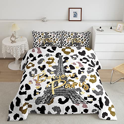 Feelyou Eiffel Tower Comforter Set Leopard Print Bedding Set for Kids Boys Girls Paris Tower Comforter Cheetah Print Quilt Set 1 Comforter Set with 2 Pillowcases Queen Size