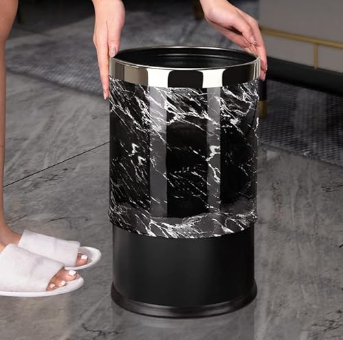 Huaqinglian Black Bathroom Trash Can Office Garbage Can Small Metal Trash Can Covered Marble Texture Pu Leather Wastebaskets For Kitchen,Bedroom,Living Room #TOP2