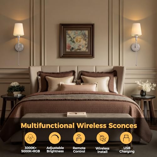 Image of DORESshop Battery Operated Wall Sconce Set of 2, Wall Light Wireless Easy Install, Dimmable and Adjustable Sconce Wall Decor, Rechargeable Wall Lamp for Bedroom, Living Room, Chrome and Glass 24.6in