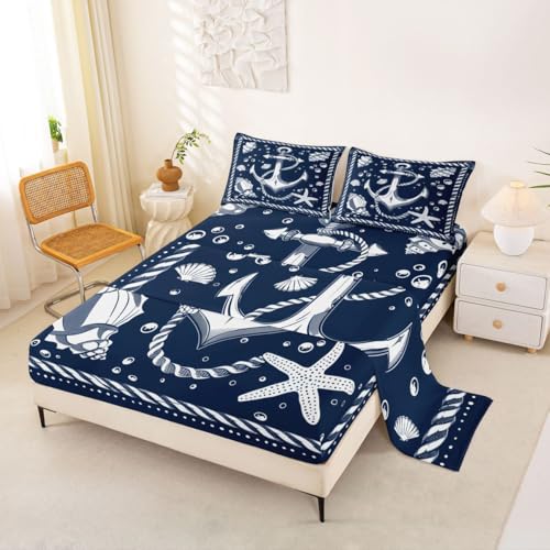 Image of jejeloiu Nautical Theme Bed Sheets Sets Full Size Kids Boys Girls Compass Anchor Decor Bedding Set Ocean Shells Starfish Bed Sheet Set with 16-Inch Deep Pockets 4Pcs with 2 Pillow Cases