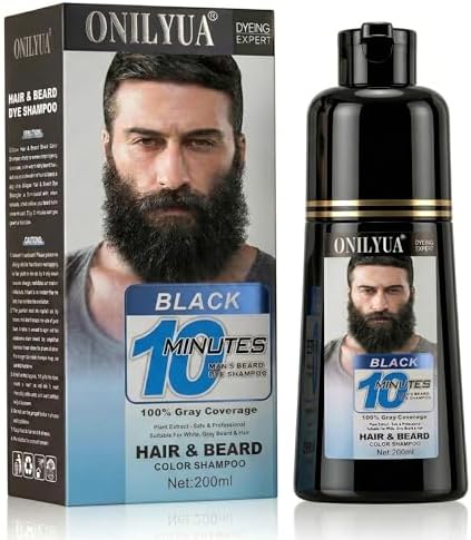 Men's 3-in-1 Black Beard & Hair Dye Shampoo, Instant Grey Darkening Beard Color Shampoo in 10 Minutes, Simpler Gray Reducing Mustache & Beard Dye for Men, with Plant Extract for Healthy Facial Hair