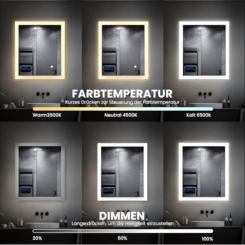 AllRight Badspiegel mit Beleuchtung 60x40cm | 3500K-6500K Dimmbarer LED Spiegel mit 3 Lichtfarben | IP54 Wassergeschützt… – Ansicht 2