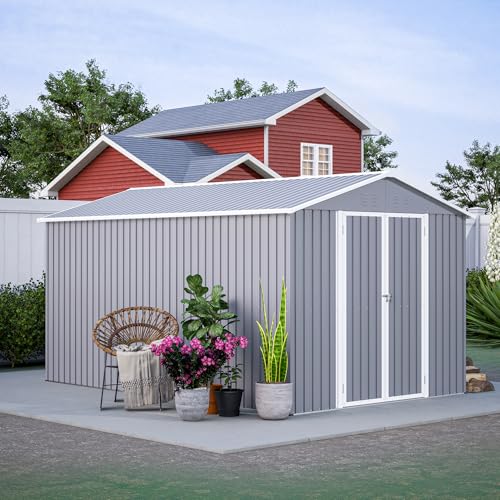 Image of YOPTO 8x12 FT Outdoor Storage Shed W /Floor Frame,Metal Shed W /Double Lockable Doors,Garden Tool House W / 2 Vents & Sloped Roof,for Backyard Patio Lawn,Gray