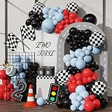 Race Car Balloons Arch Garland Kit 148PCS Red Blue Black Checkered Flag Foil Balloon Racing Car Them