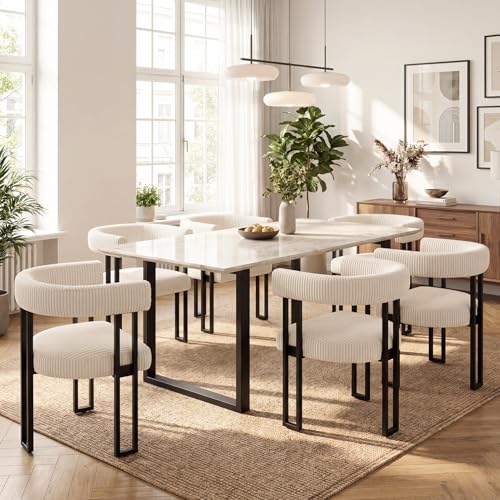 Image of Modern Corduroy Dining Chairs Set of 6 with Metal Legs,Comfy Accent Dining Room Chairs Upholstered Kitchen Side Chairs with Curved Backrest for Dining Room Kitchen Living Room (White,6)