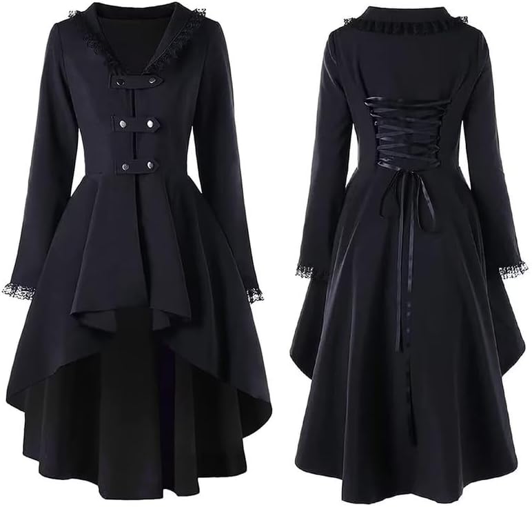 Andongnywell Women's Dovetail Long Trench Open Front Turn-Down Collar Gothic Ruffled Asymmetric Slim Jacket Coat Tailcoat
