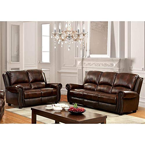 Furniture Of America Garry 2-Piece Top Grain Leather Match Sofa Set In Brown #TOP4