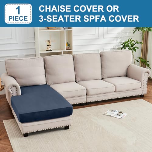 Image of Couch Cover Velvet Chaise Cushion Cover for Sectional Sofas - Elastic L-Shaped Sofa Seat Covers Washable, Slipcover Protector (1-Piece, Berlin Blue)