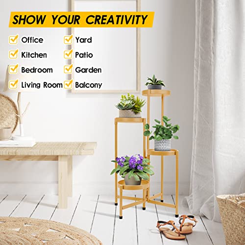 Hoegmst 4 Tier Plant Stand Indoor Outdoor, 31 Inch Tall Metal Plant Shelf Waterproof, Plant Holder With Folding Design For Home, Living Room, Gold #TOP5