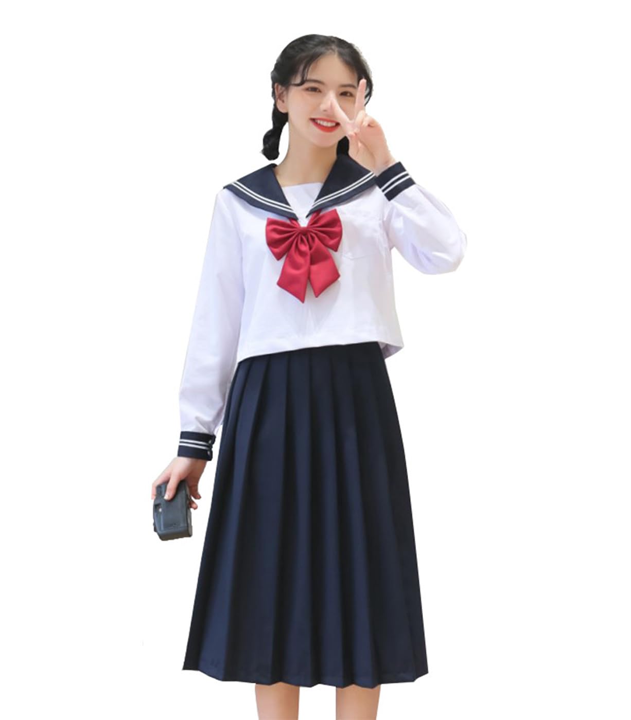 DRGE Mujeres Niñas Cintura Alta A-Line Conjunto Falda Plisada,Falda Escuela de Tenis del Patinador Estilo Japones Uniformes JK Camisa Blanca & Falda Azul Marino con Calcetines de Pantorrilla