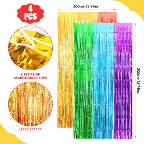 4Pcs 3.2ft x 6.5ft Tinsel Curtains, Rainbow Foil Fringe Curtains Streamers Backdrop Party Decoration Photo Props for Wedding Birthday Disco Party