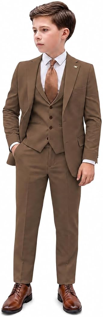 Boys 4 Piece Suit Set with Brown Tie, Kids Formal Blazer Vest Pants Outfit for Ring Bearer Party, Ages 2-18
